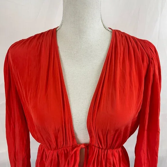 Wilfred Tie Top S Cherry Orange-Red Pucker Pleats Long Sleeve - Picture 3 of 11